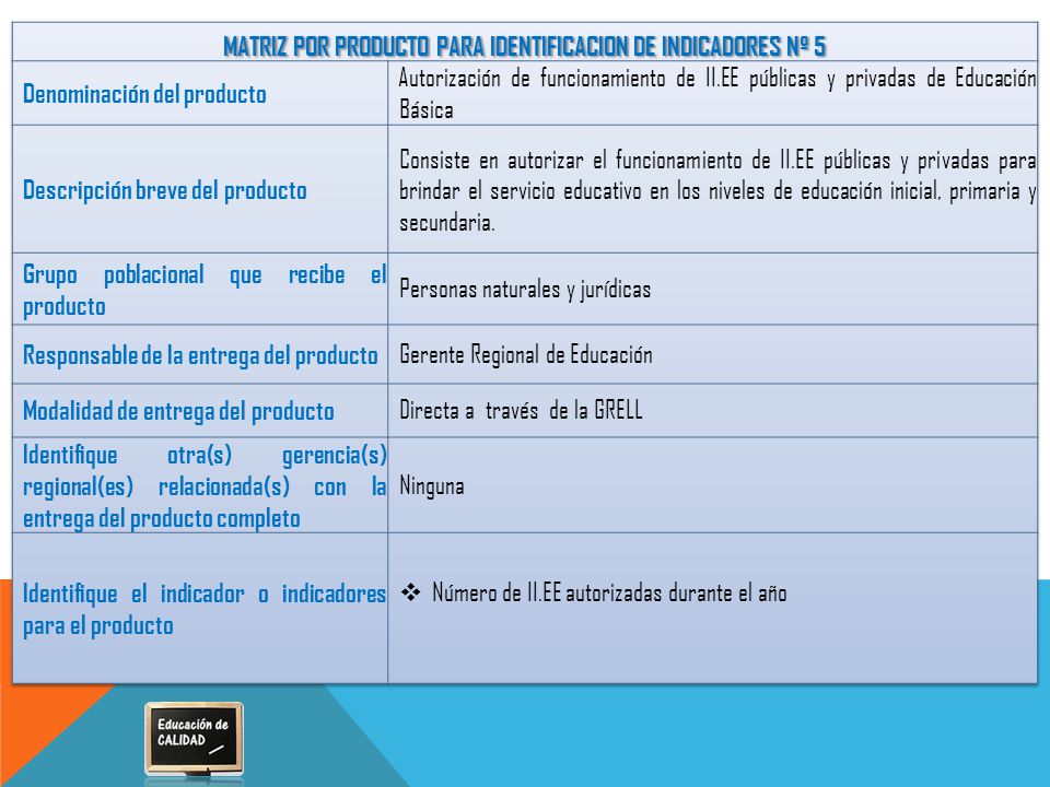 MATRIZ POR PRODUCTO PARA IDENTIFICACION DE INDICADORES Nº 5
