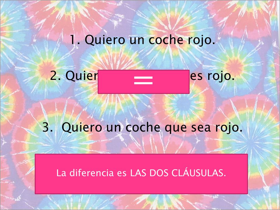 = Quiero un coche rojo. 2. Quiero el coche que es rojo.