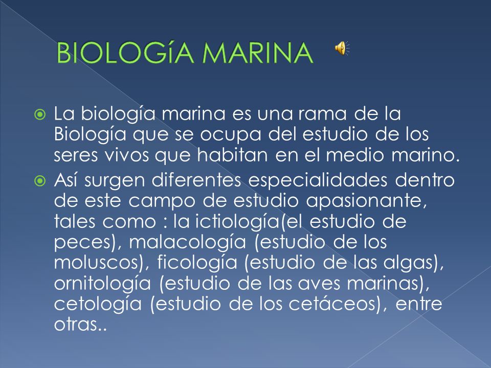 BIOLOGíA MARINA La biología marina es una rama de la Biología que se ocupa del estudio de los seres vivos que habitan en el medio marino.