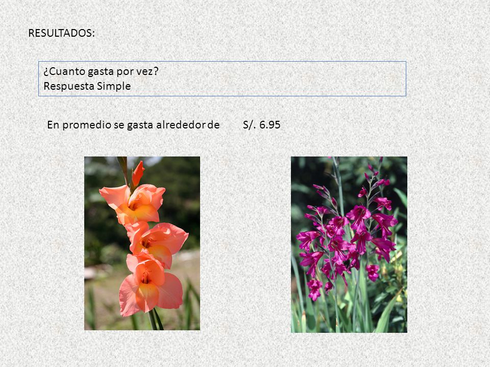 RESULTADOS: ¿Cuanto gasta por vez Respuesta Simple En promedio se gasta alrededor de S/. 6.95
