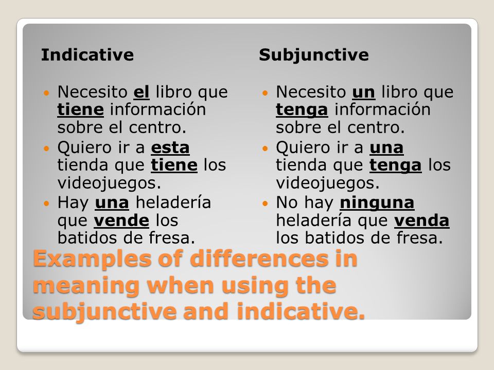 Indicative Subjunctive. Necesito el libro que tiene información sobre el centro. Quiero ir a esta tienda que tiene los videojuegos.
