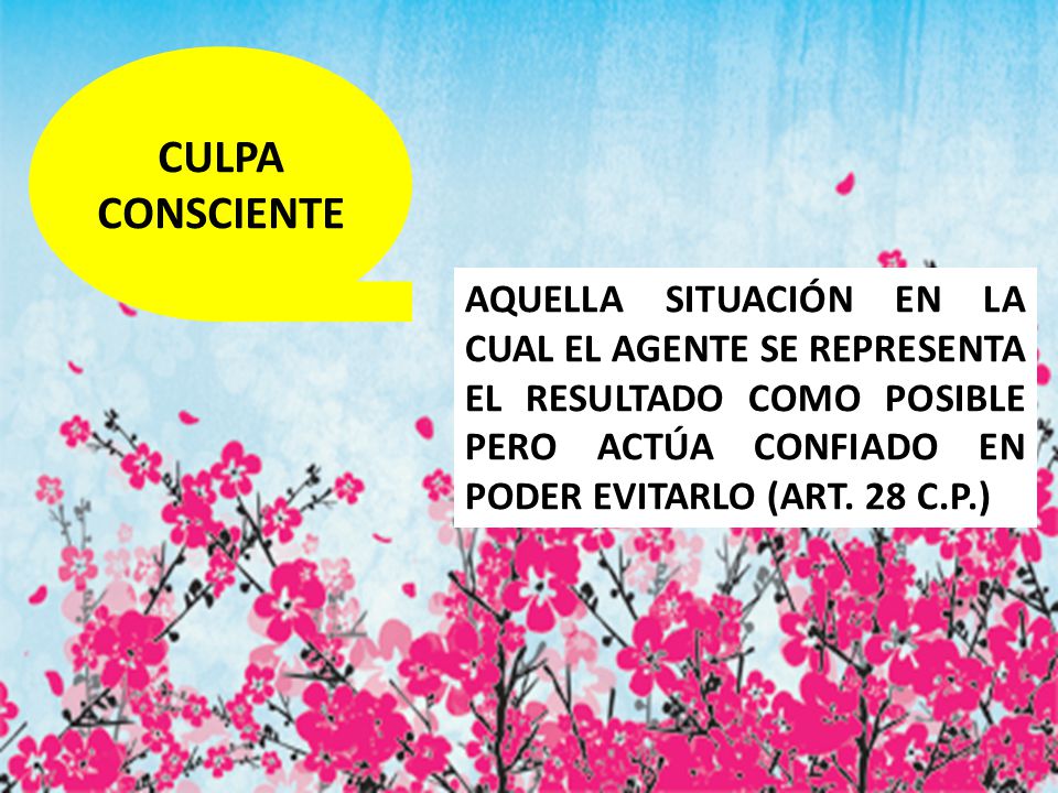 CULPA CONSCIENTE AQUELLA SITUACIÓN EN LA CUAL EL AGENTE SE REPRESENTA EL RESULTADO COMO POSIBLE PERO ACTÚA CONFIADO EN PODER EVITARLO (ART.