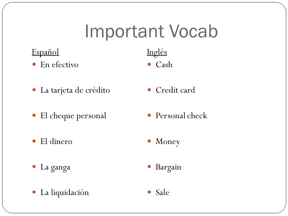 Important Vocab Español En efectivo La tarjeta de crédito