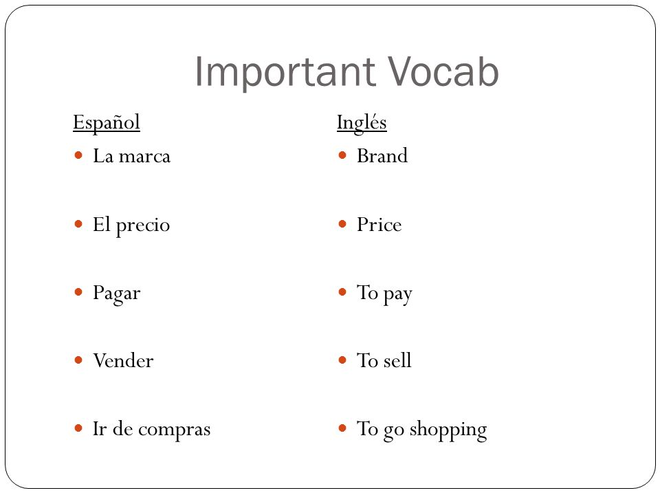 Important Vocab Español La marca El precio Pagar Vender Ir de compras