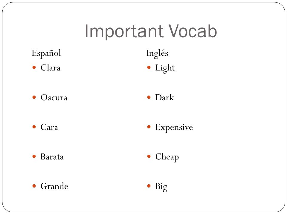 Important Vocab Español Clara Oscura Cara Barata Grande Inglés Light
