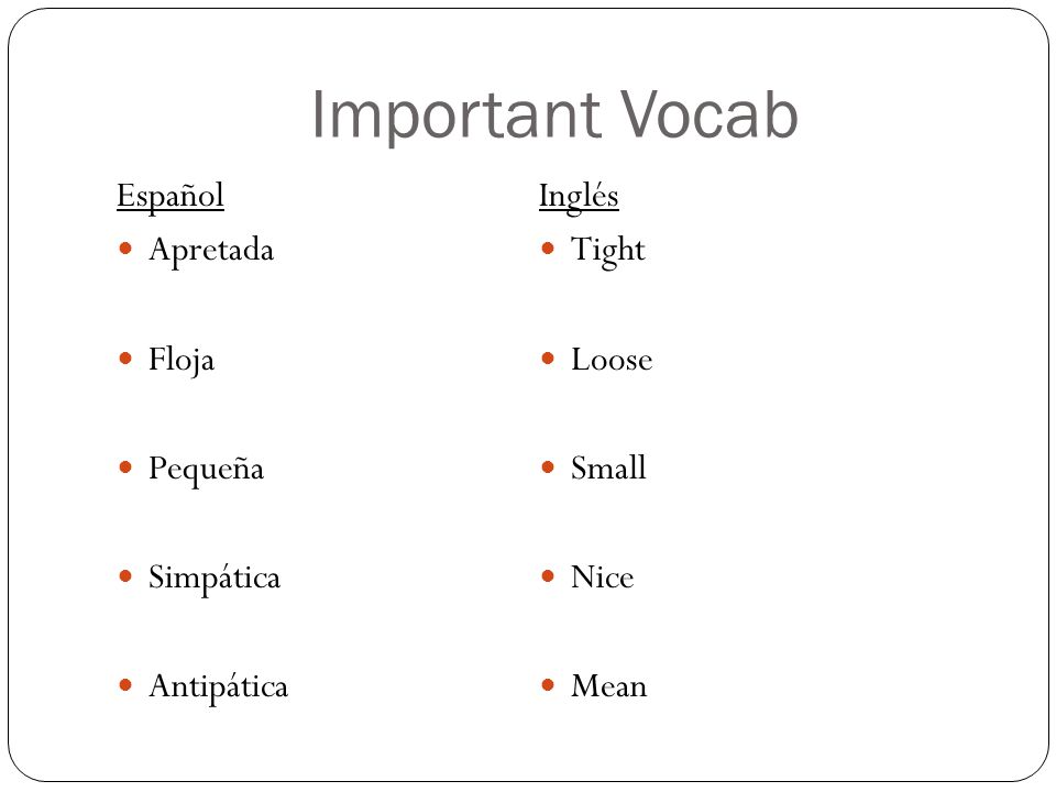 Important Vocab Español Apretada Floja Pequeña Simpática Antipática