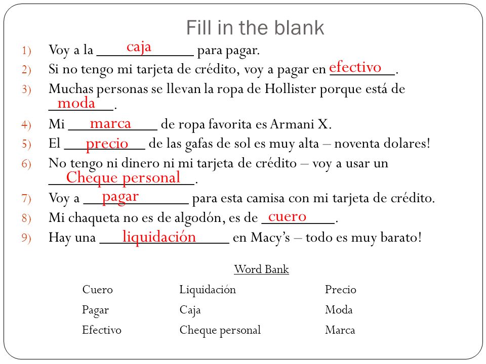 Fill in the blank caja efectivo moda marca precio Cheque personal