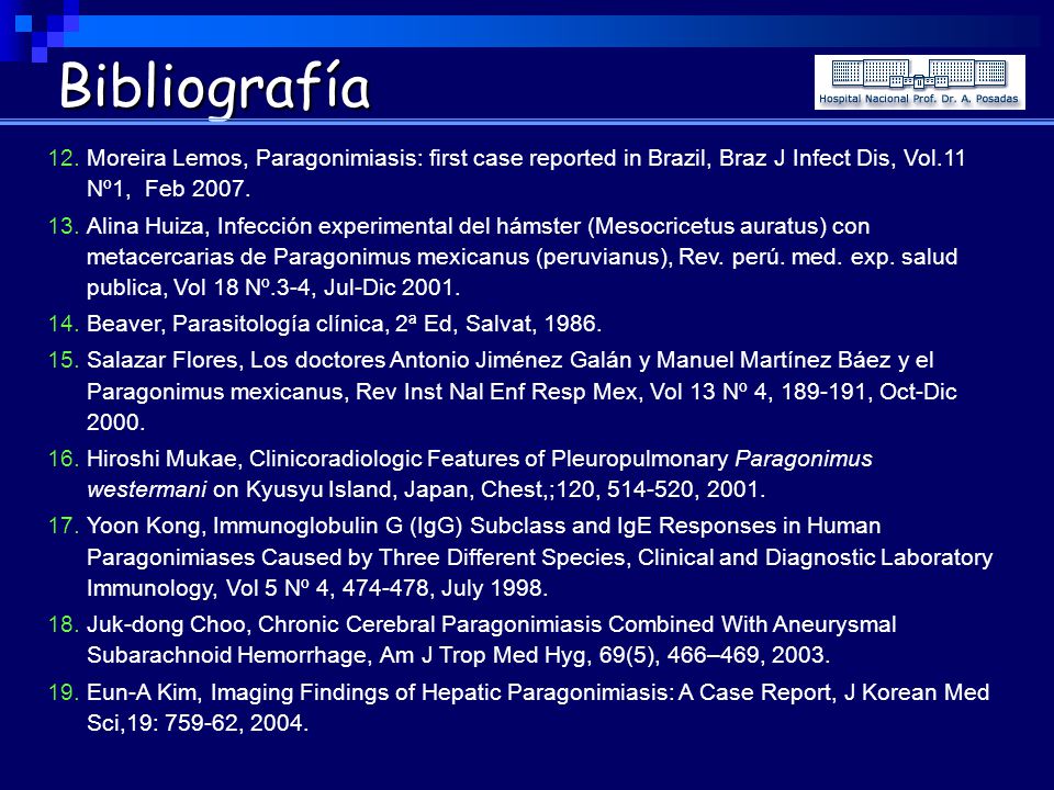 Bibliografía Moreira Lemos, Paragonimiasis: first case reported in Brazil, Braz J Infect Dis, Vol.11 Nº1, Feb