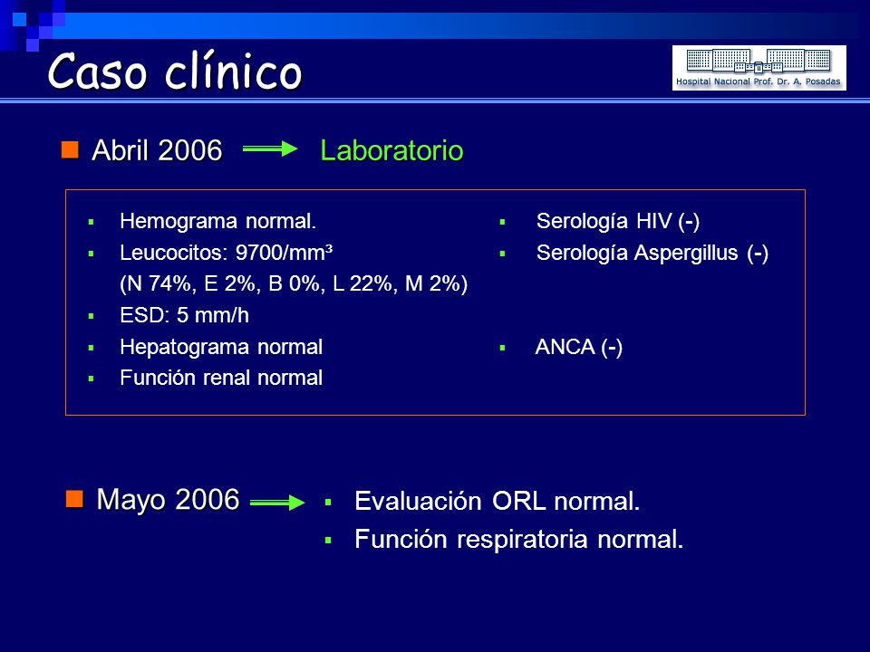 Caso clínico Abril 2006 Laboratorio Mayo 2006 Evaluación ORL normal.