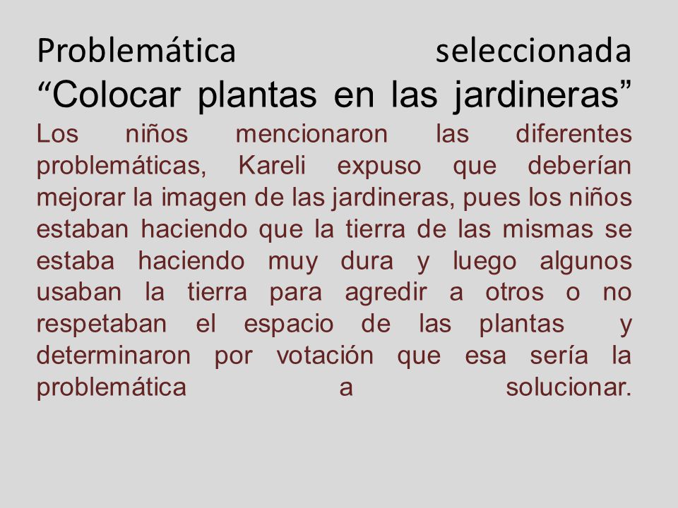 Problemática seleccionada Colocar plantas en las jardineras Los niños mencionaron las diferentes problemáticas, Kareli expuso que deberían mejorar la imagen de las jardineras, pues los niños estaban haciendo que la tierra de las mismas se estaba haciendo muy dura y luego algunos usaban la tierra para agredir a otros o no respetaban el espacio de las plantas y determinaron por votación que esa sería la problemática a solucionar.