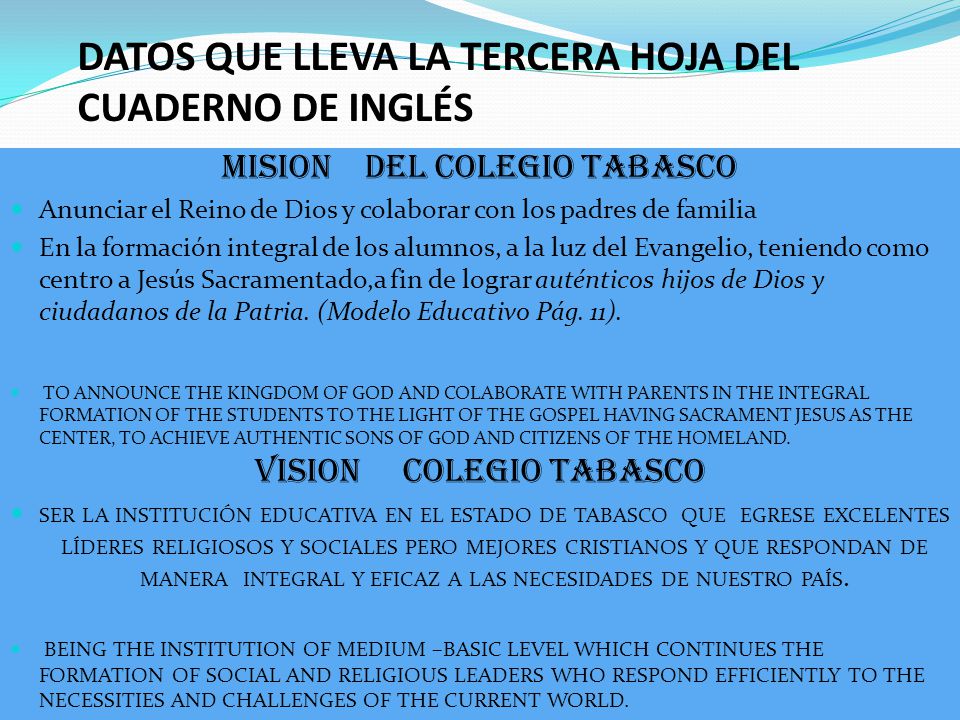 DATOS QUE LLEVA LA TERCERA HOJA DEL CUADERNO DE INGLÉS