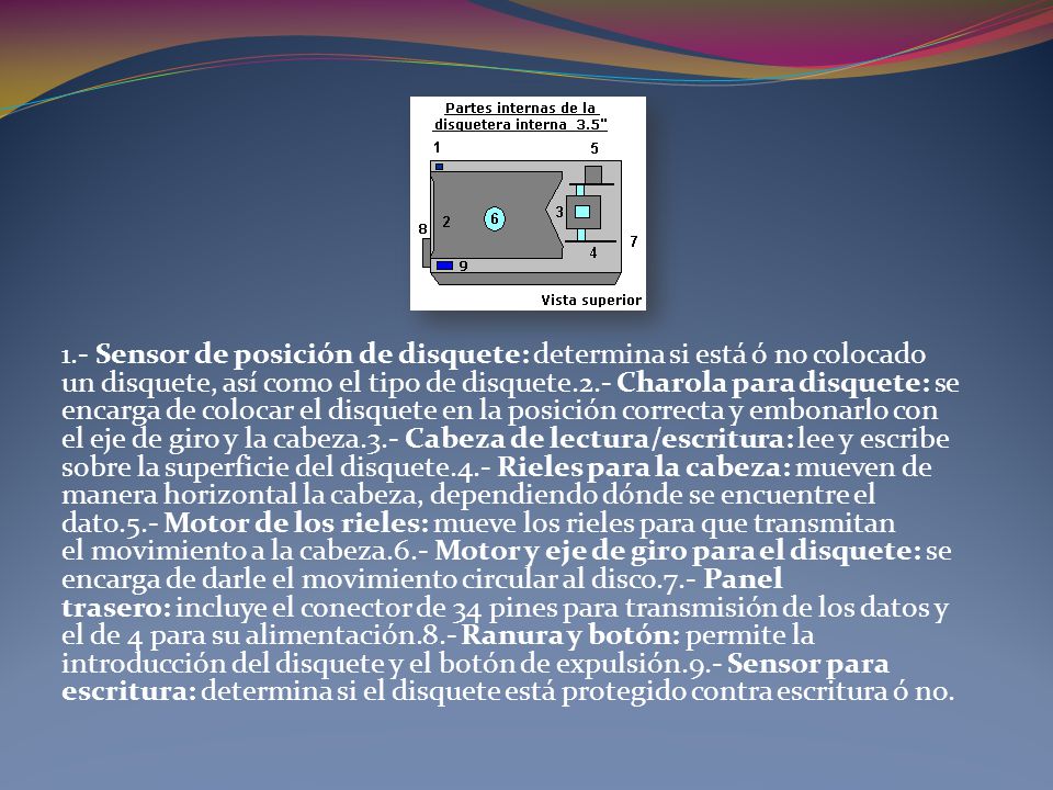 1.- Sensor de posición de disquete: determina si está ó no colocado un disquete, así como el tipo de disquete.2.- Charola para disquete: se encarga de colocar el disquete en la posición correcta y embonarlo con el eje de giro y la cabeza.3.- Cabeza de lectura/escritura: lee y escribe sobre la superficie del disquete.4.- Rieles para la cabeza: mueven de manera horizontal la cabeza, dependiendo dónde se encuentre el dato.5.- Motor de los rieles: mueve los rieles para que transmitan el movimiento a la cabeza.6.- Motor y eje de giro para el disquete: se encarga de darle el movimiento circular al disco.7.- Panel trasero: incluye el conector de 34 pines para transmisión de los datos y el de 4 para su alimentación.8.- Ranura y botón: permite la introducción del disquete y el botón de expulsión.9.- Sensor para escritura: determina si el disquete está protegido contra escritura ó no.