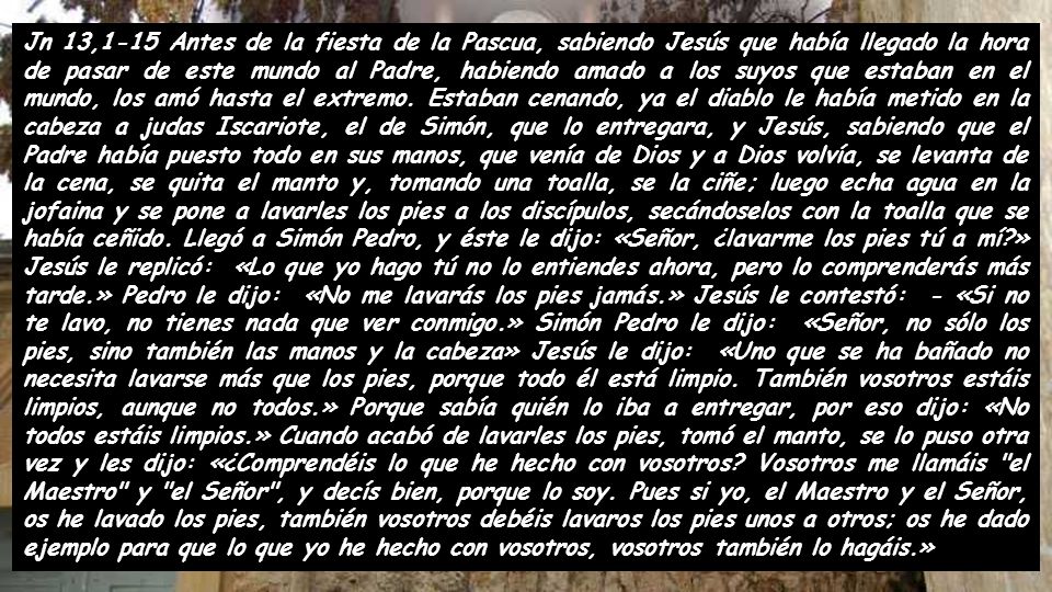 Jn 13,1-15 Antes de la fiesta de la Pascua, sabiendo Jesús que había llegado la hora de pasar de este mundo al Padre, habiendo amado a los suyos que estaban en el mundo, los amó hasta el extremo.