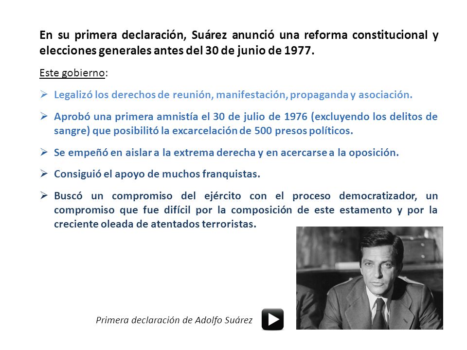 En su primera declaración, Suárez anunció una reforma constitucional y elecciones generales antes del 30 de junio de 1977.