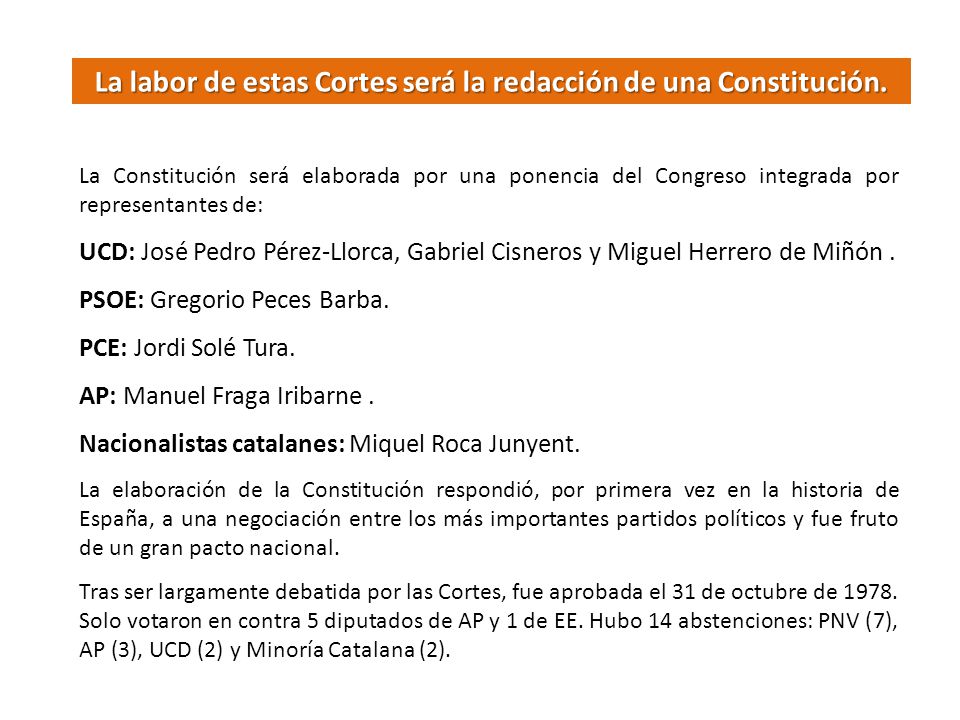 La labor de estas Cortes será la redacción de una Constitución.
