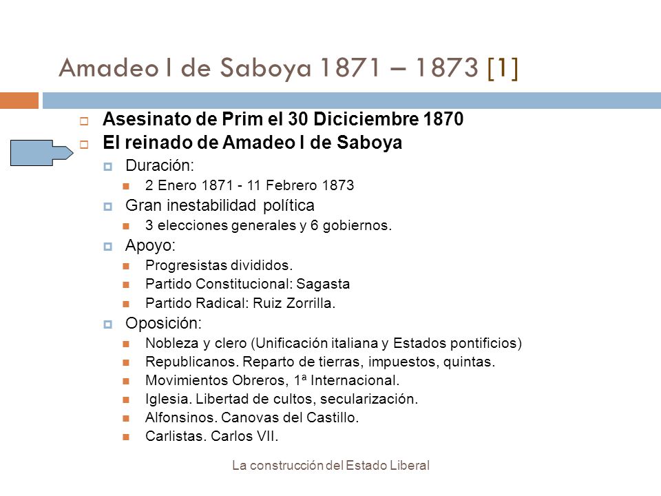 Amadeo I de Saboya 1871 – 1873 [1] Asesinato de Prim el 30 Diciciembre El reinado de Amadeo I de Saboya.