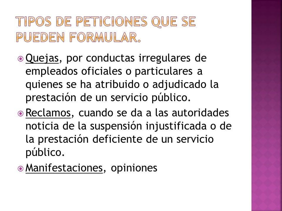 Tipos de peticiones que se pueden formular.