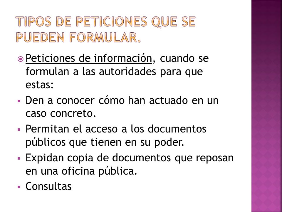 Tipos de peticiones que se pueden formular.