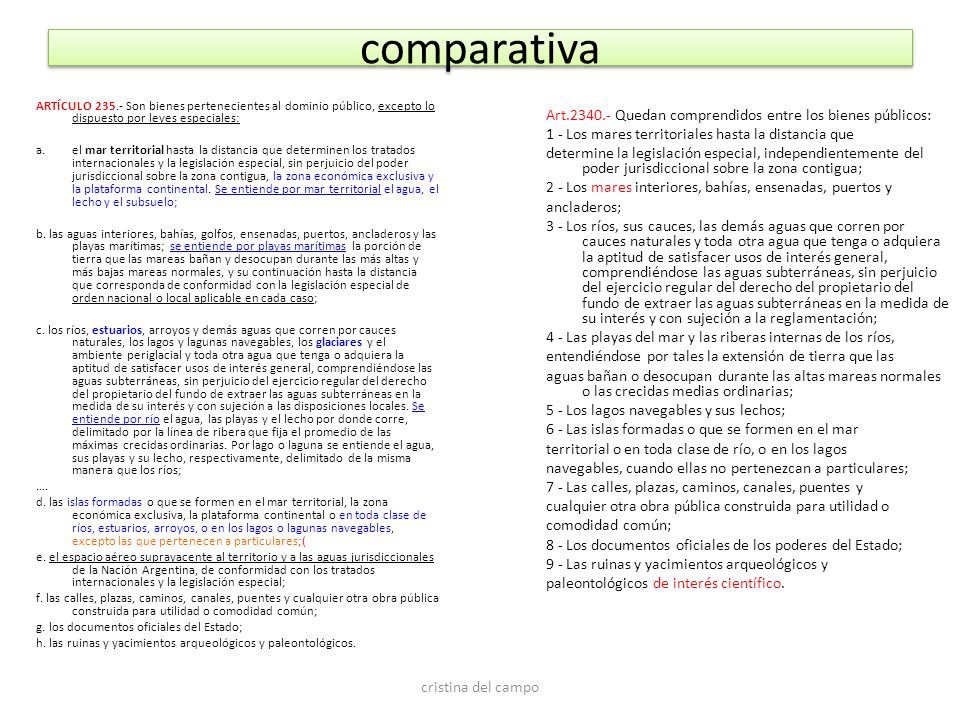 comparativa ARTÍCULO Son bienes pertenecientes al dominio público, excepto lo dispuesto por leyes especiales: