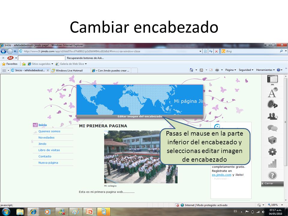 Cambiar encabezado Pasas el mause en la parte inferior del encabezado y seleccionas editar imagen de encabezado.
