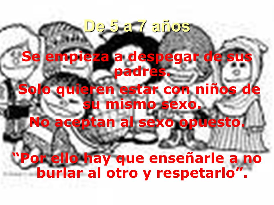 De 5 a 7 años Se empieza a despegar de sus padres.