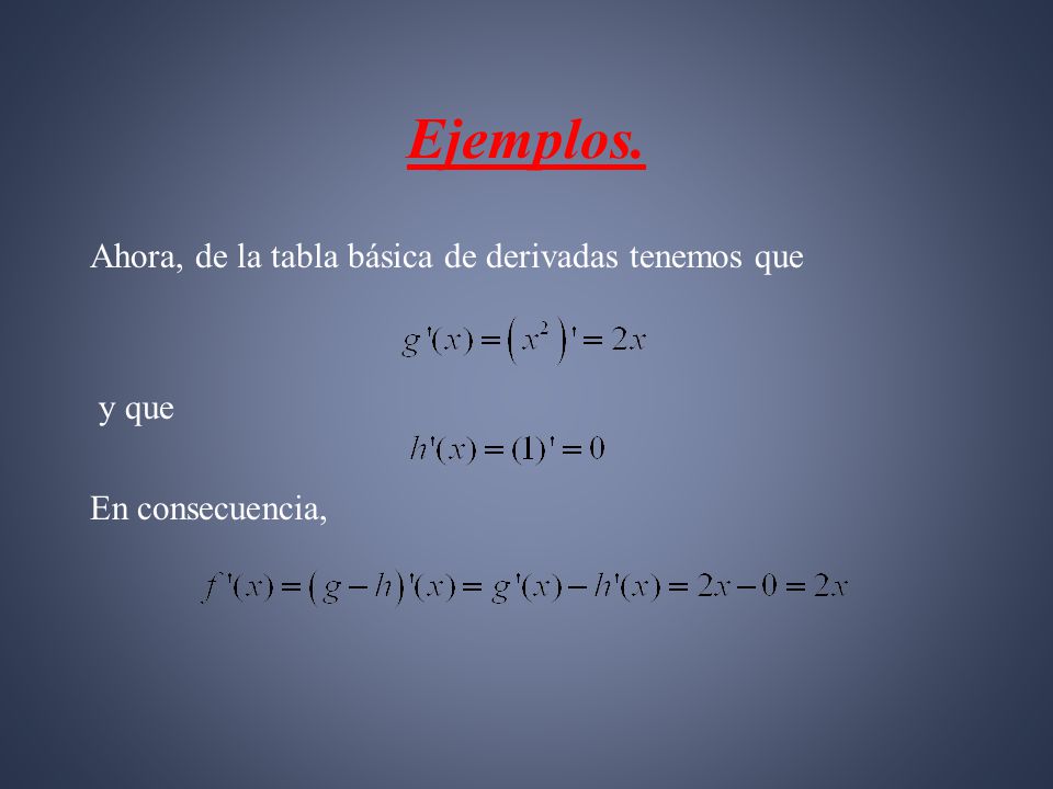 Ejemplos. Ahora, de la tabla básica de derivadas tenemos que y que En consecuencia,