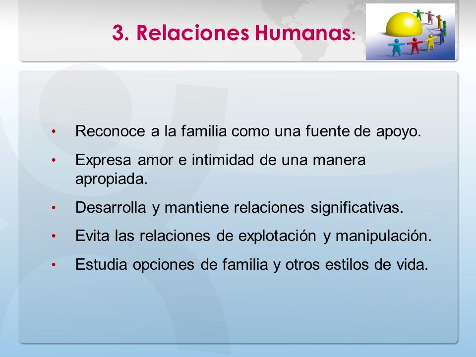 Relaciones Humanas: Reconoce a la familia como una fuente de apoyo.