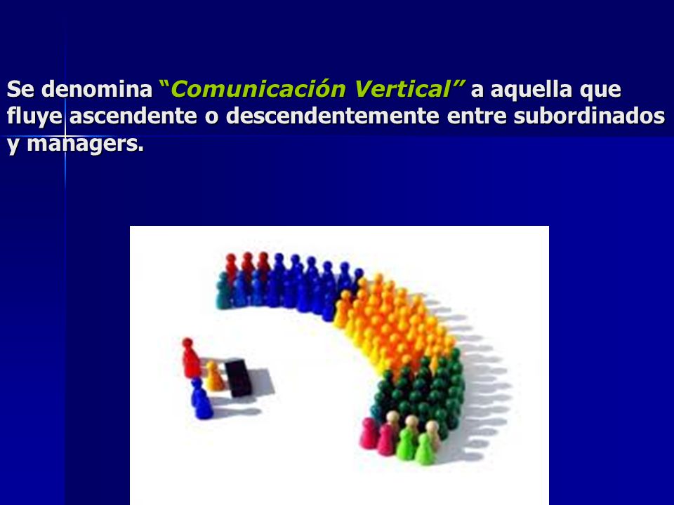 Se denomina Comunicación Vertical a aquella que fluye ascendente o descendentemente entre subordinados y managers.