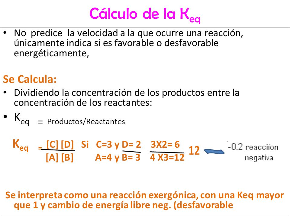 Cálculo de la Keq Keq = Productos/Reactantes Se Calcula: