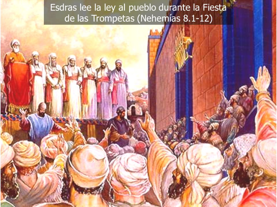 Esdras lee la ley al pueblo durante la Fiesta de las Trompetas (Nehemías )