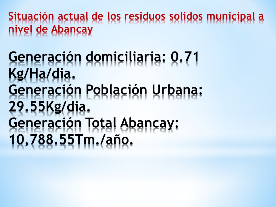 Situación actual de los residuos solidos municipal a nivel de Abancay Generación domiciliaria: 0.71 Kg/Ha/dia.