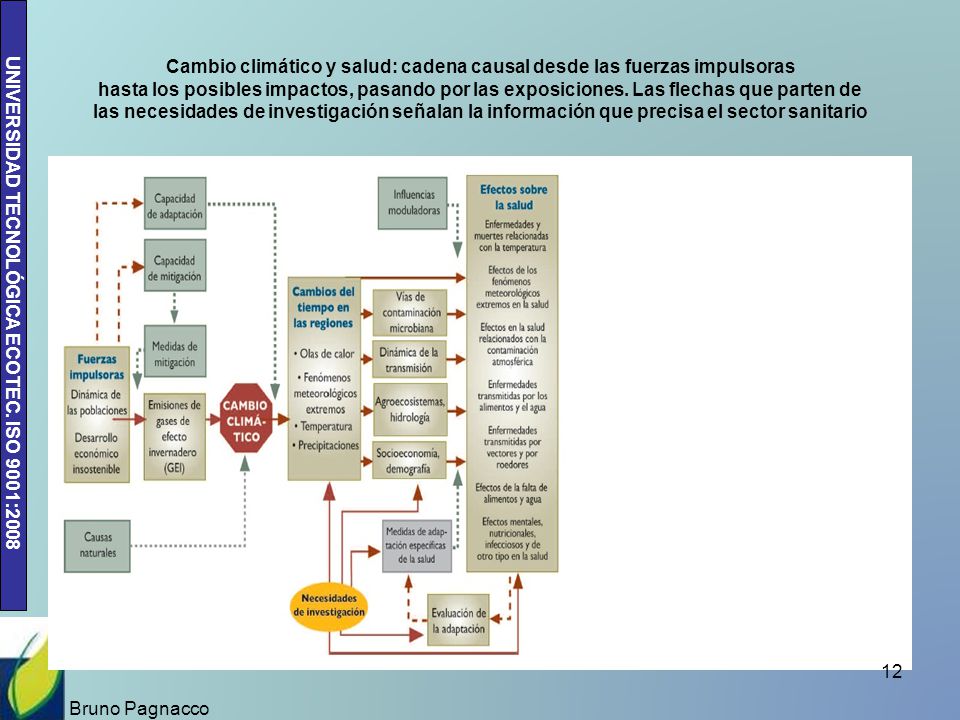 Cambio climático y salud: cadena causal desde las fuerzas impulsoras hasta los posibles impactos, pasando por las exposiciones. Las flechas que parten de las necesidades de investigación señalan la información que precisa el sector sanitario