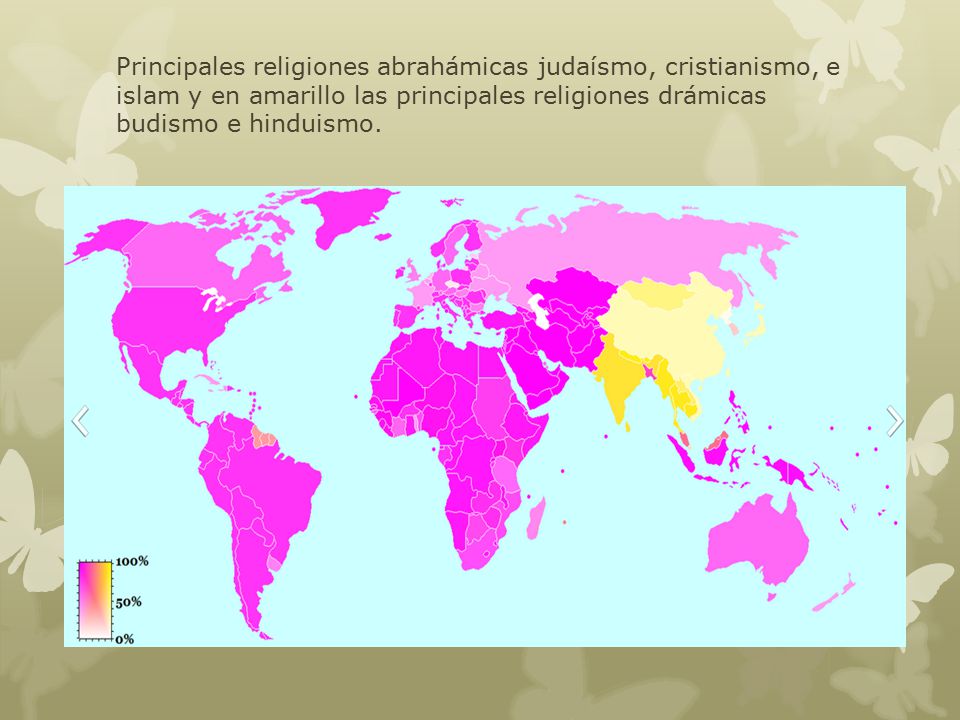 Principales religiones abrahámicas judaísmo, cristianismo, e islam y en amarillo las principales religiones drámicas budismo e hinduismo.