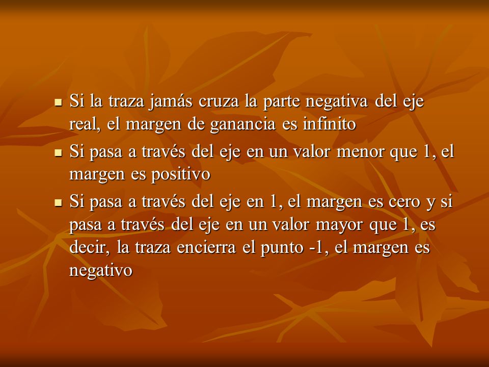Si la traza jamás cruza la parte negativa del eje real, el margen de ganancia es infinito