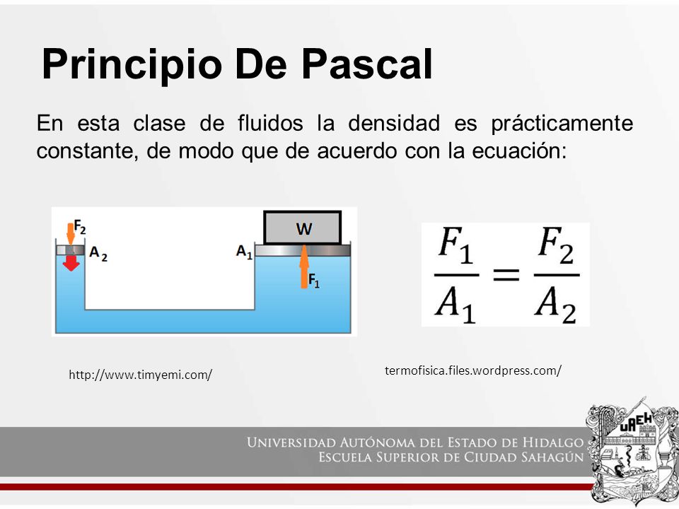 Principio De Pascal En esta clase de fluidos la densidad es prácticamente constante, de modo que de acuerdo con la ecuación: