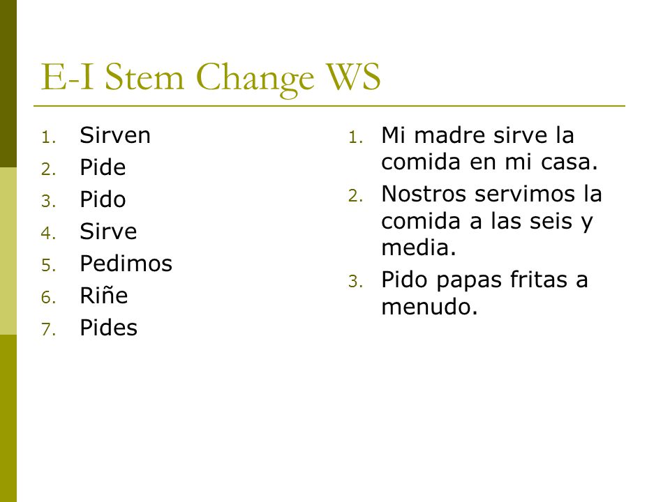 E-I Stem Change WS Sirven Pide Pido Sirve Pedimos Riñe Pides