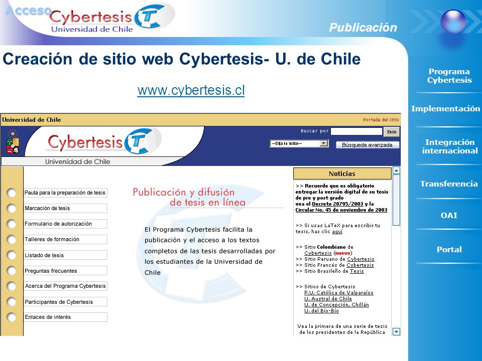 Creación de sitio web Cybertesis- U. de Chile