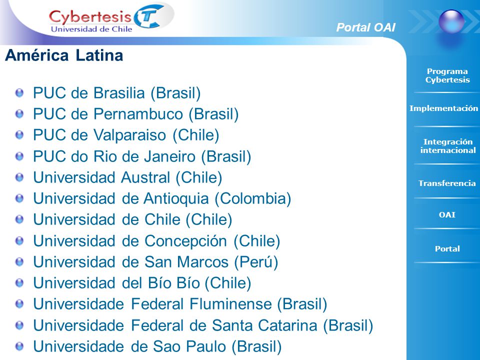 América Latina PUC de Brasilia (Brasil) PUC de Pernambuco (Brasil)