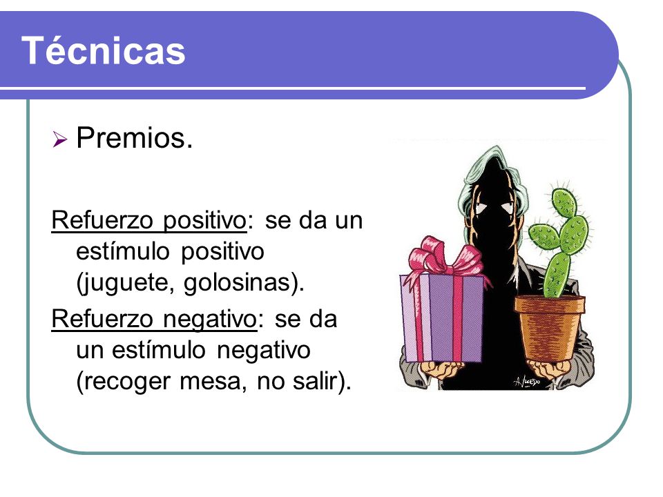 Técnicas Premios. Refuerzo positivo: se da un estímulo positivo (juguete, golosinas).