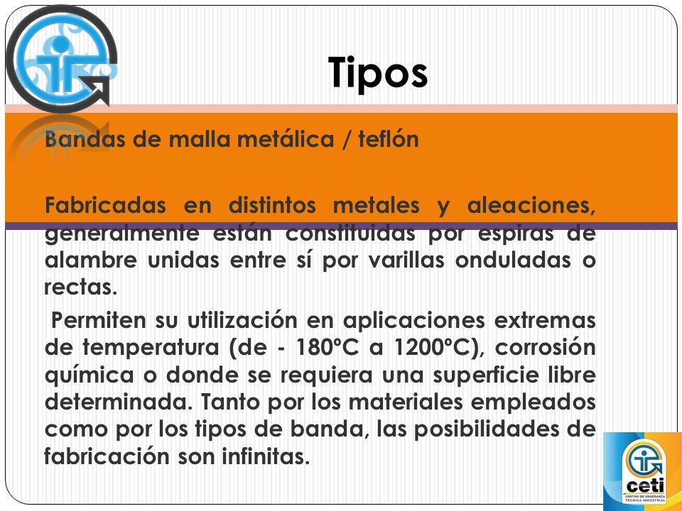 Tipos Bandas de malla metálica / teflón