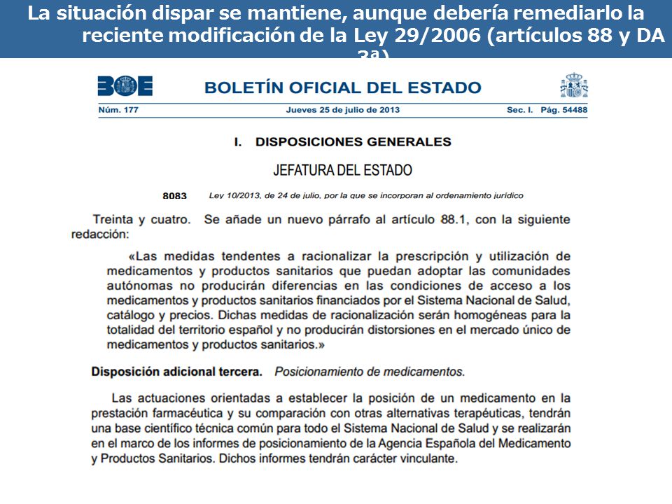 La situación dispar se mantiene, aunque debería remediarlo la reciente modificación de la Ley 29/2006 (artículos 88 y DA 3ª)