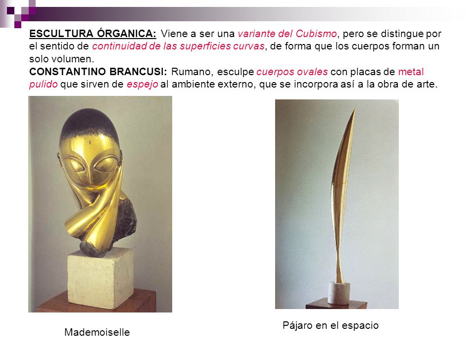 ESCULTURA ÓRGANICA: Viene a ser una variante del Cubismo, pero se distingue por el sentido de continuidad de las superficies curvas, de forma que los cuerpos forman un solo volumen. CONSTANTINO BRANCUSI: Rumano, esculpe cuerpos ovales con placas de metal pulido que sirven de espejo al ambiente externo, que se incorpora así a la obra de arte.