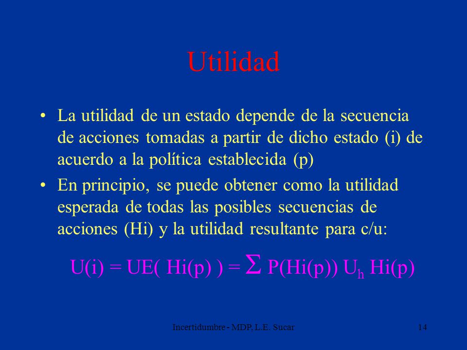 Utilidad La utilidad de un estado depende de la secuencia de acciones tomadas a partir de dicho estado (i) de acuerdo a la política establecida (p)