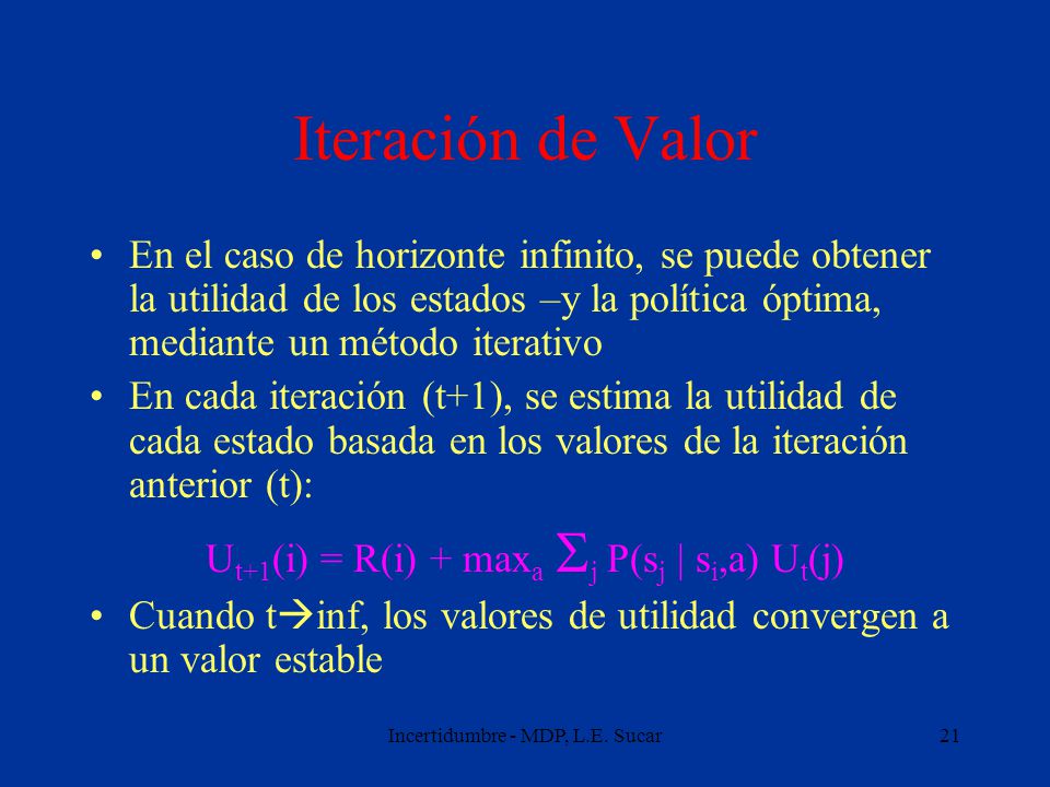 Iteración de Valor En el caso de horizonte infinito, se puede obtener la utilidad de los estados –y la política óptima, mediante un método iterativo.