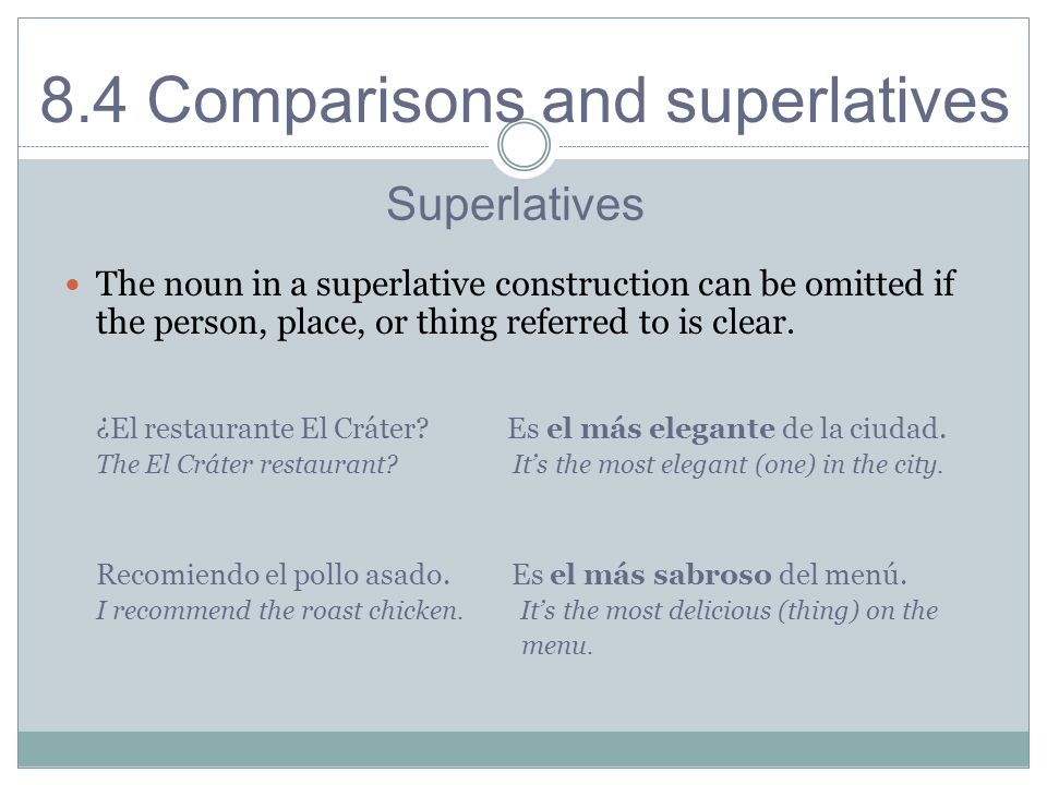 Superlatives The noun in a superlative construction can be omitted if the person, place, or thing referred to is clear.