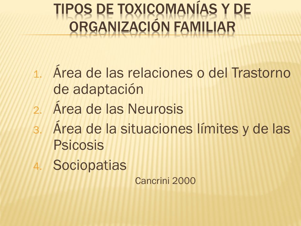 Tipos de toxicomanías y de organización familiar