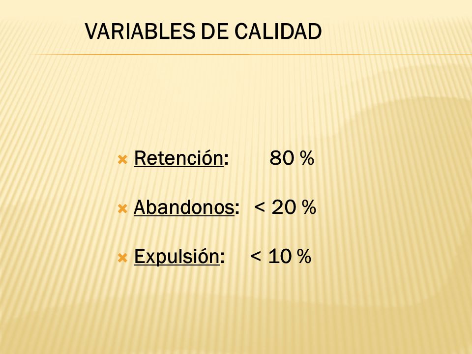 VARIABLES DE CALIDAD Retención: 80 % Abandonos: < 20 %