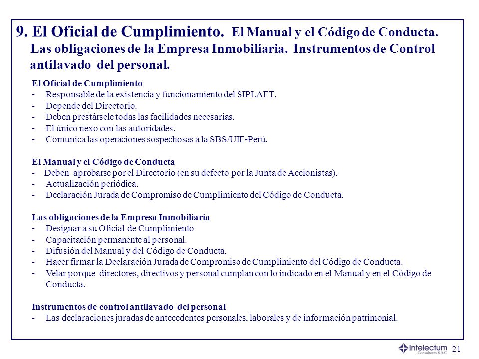 9. El Oficial de Cumplimiento. El Manual y el Código de Conducta.
