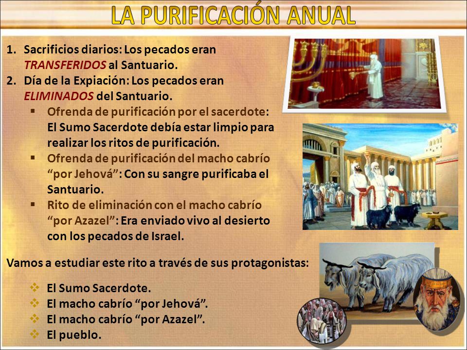 LA PURIFICACIÓN ANUAL Sacrificios diarios: Los pecados eran TRANSFERIDOS al Santuario.
