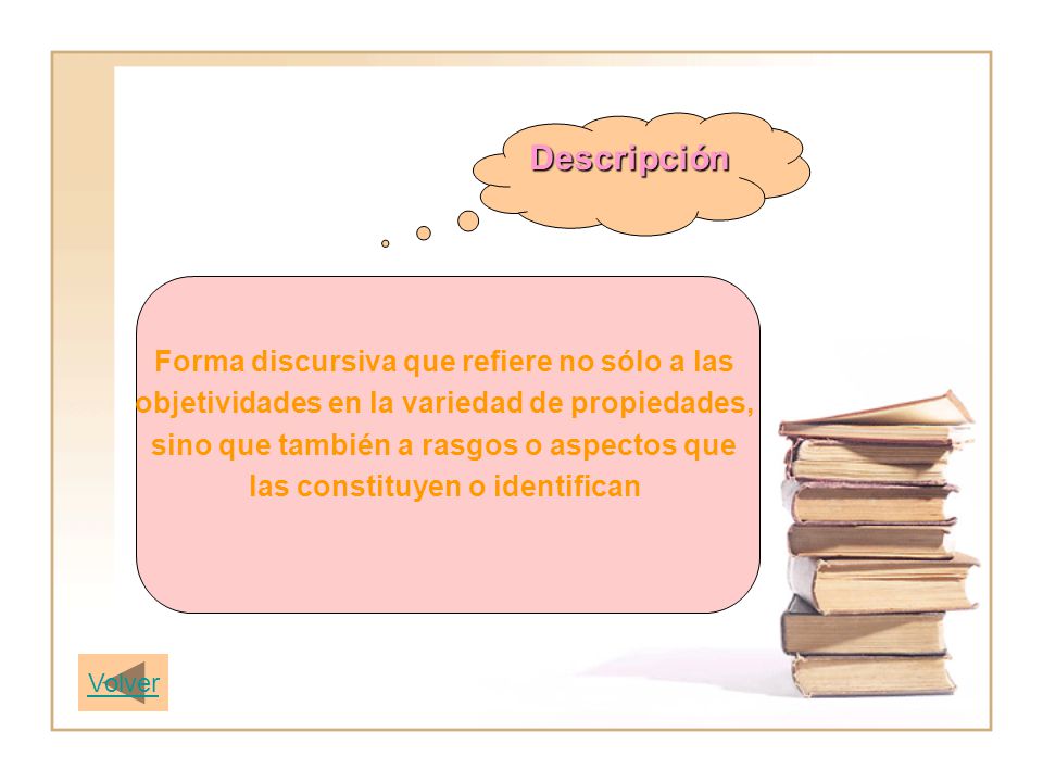 Descripción Forma discursiva que refiere no sólo a las
